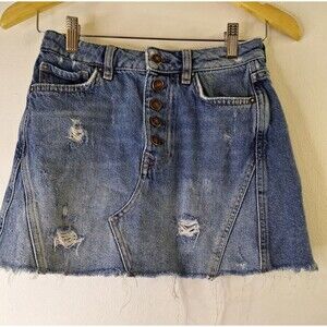 Free‎ People We The Free Button Front Denim Mini Skirt Blue Size 25 Distressed
